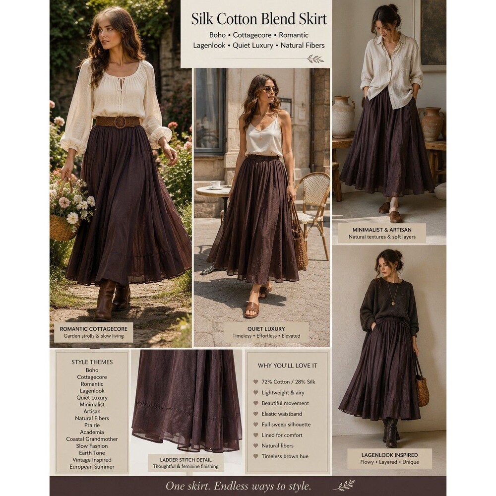 Brown Silk Blend Full Circle Midi Skirt Lined Women M Boho Romantic Lagenlook